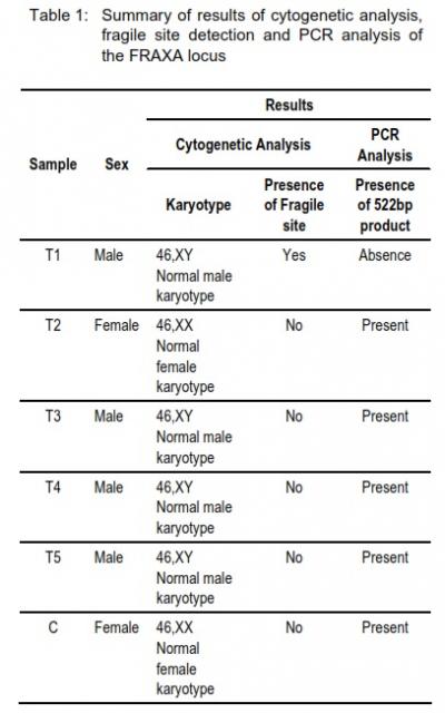 Table 1:  Summary of results of cytogenetic analysis, fragile site detection and PCR analysis of the FRAXA locus 